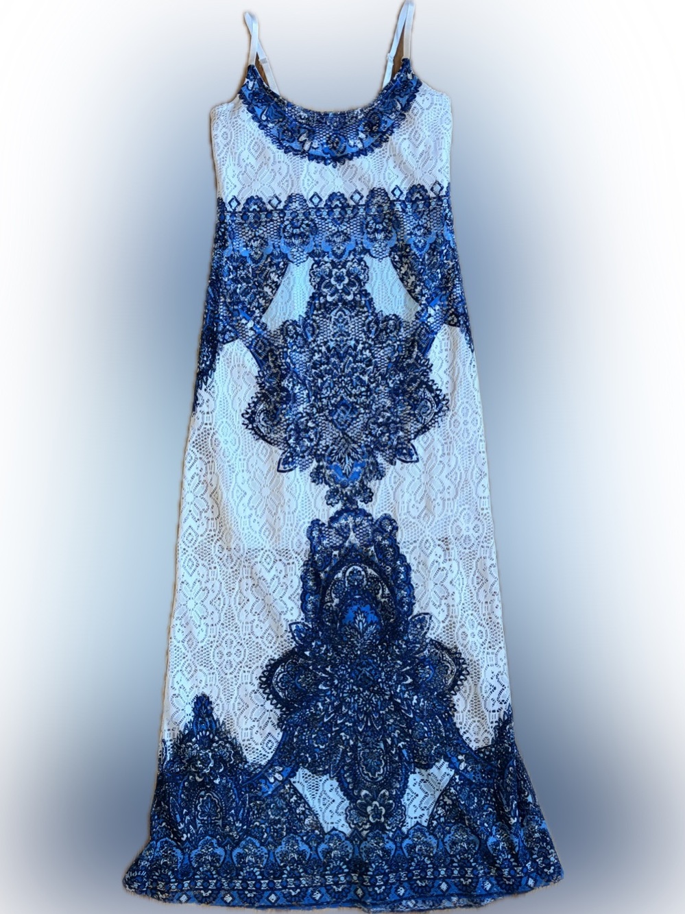 VENUS White Midi Dress with Blue Baroque Lace Overlay